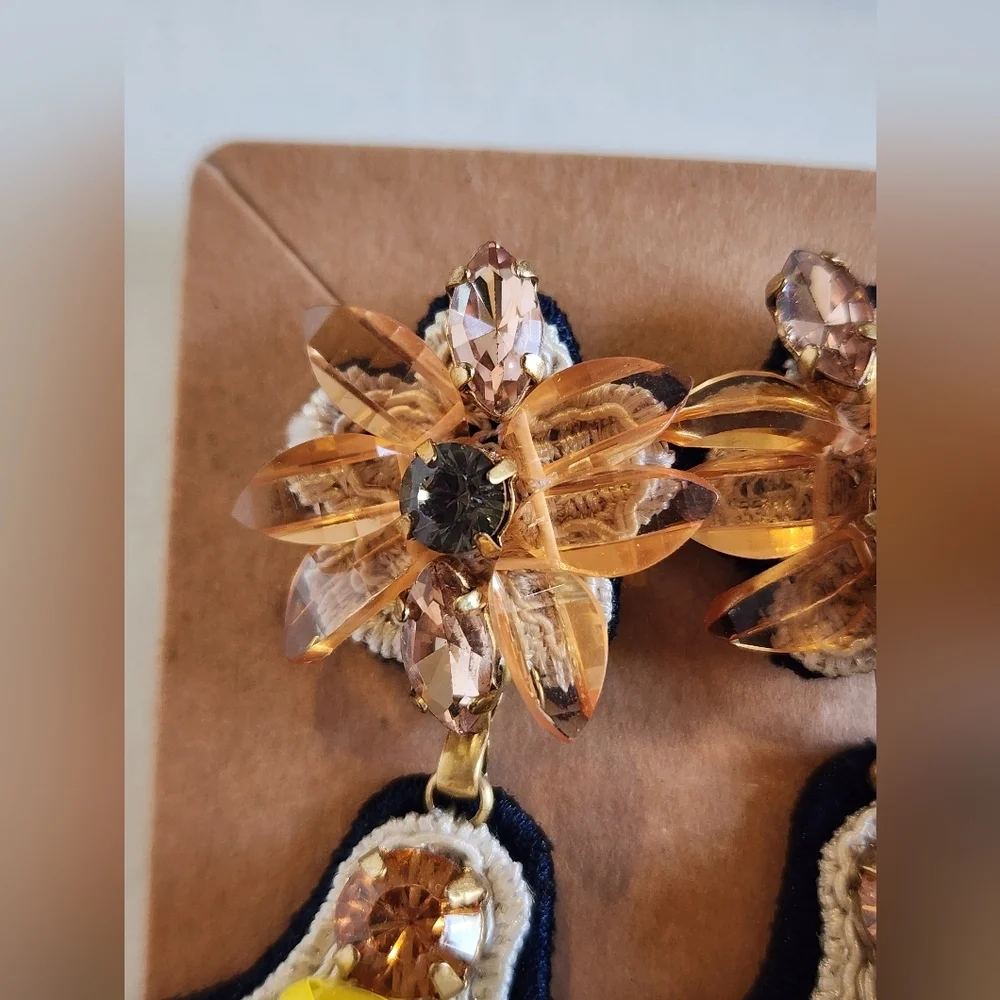 J. Crew NWT Yellow Orange Floral Beaded Rhinestone Stud Earrings
